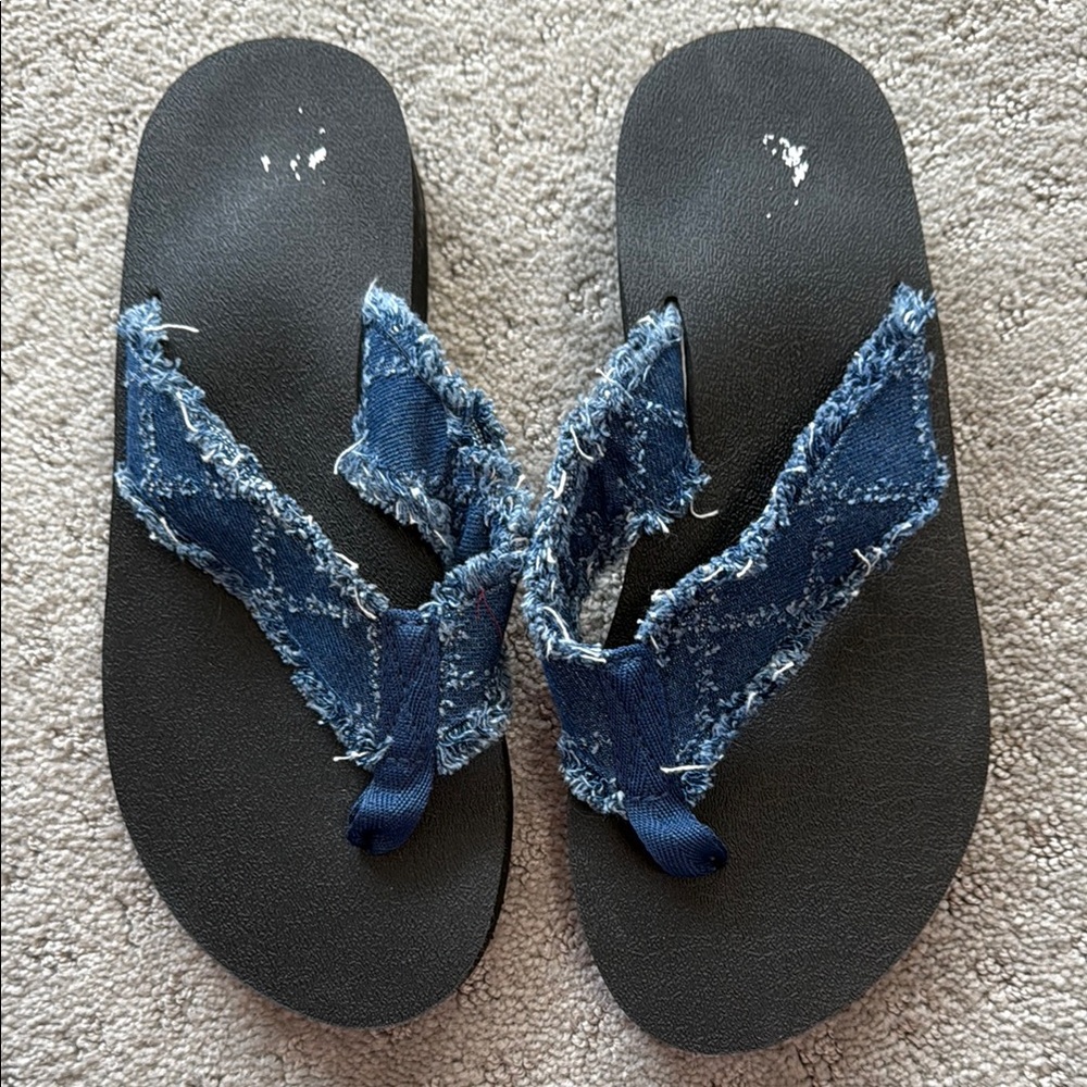 Black and Blue Denim Flip Flops